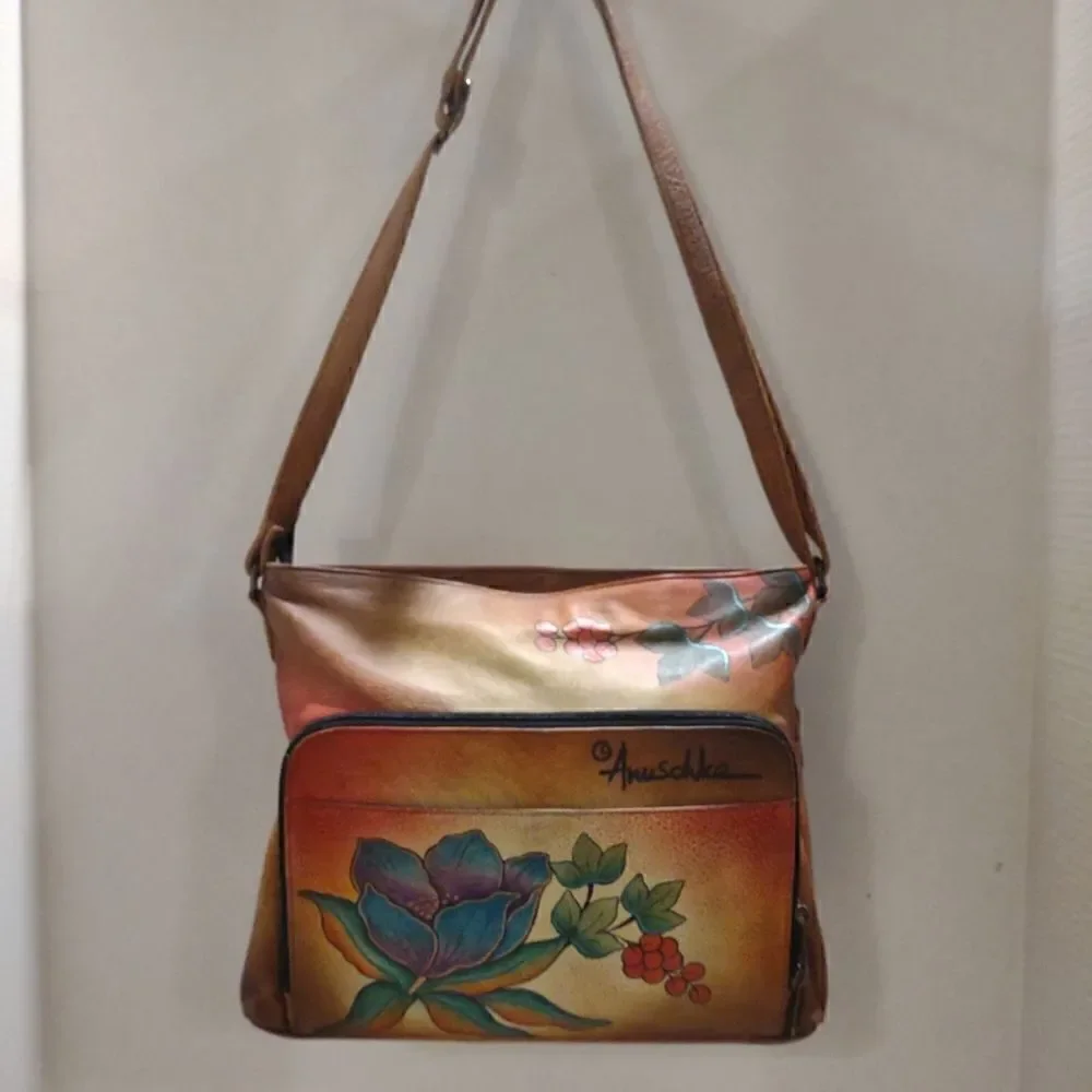 Anuschka Purse Tan Brown Teal Floral NWOT